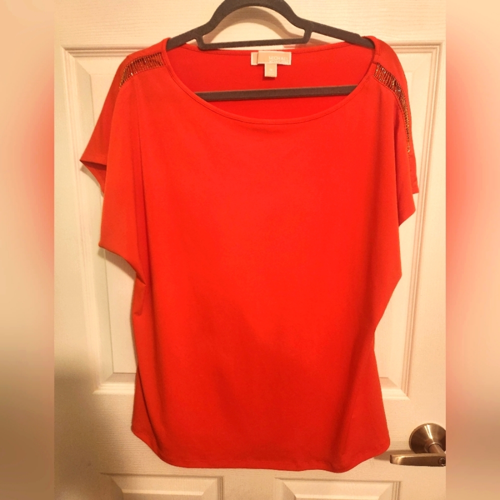 Womens Michael Kors Orange Blouse Size 1X Never Worn Gold details on shoulders